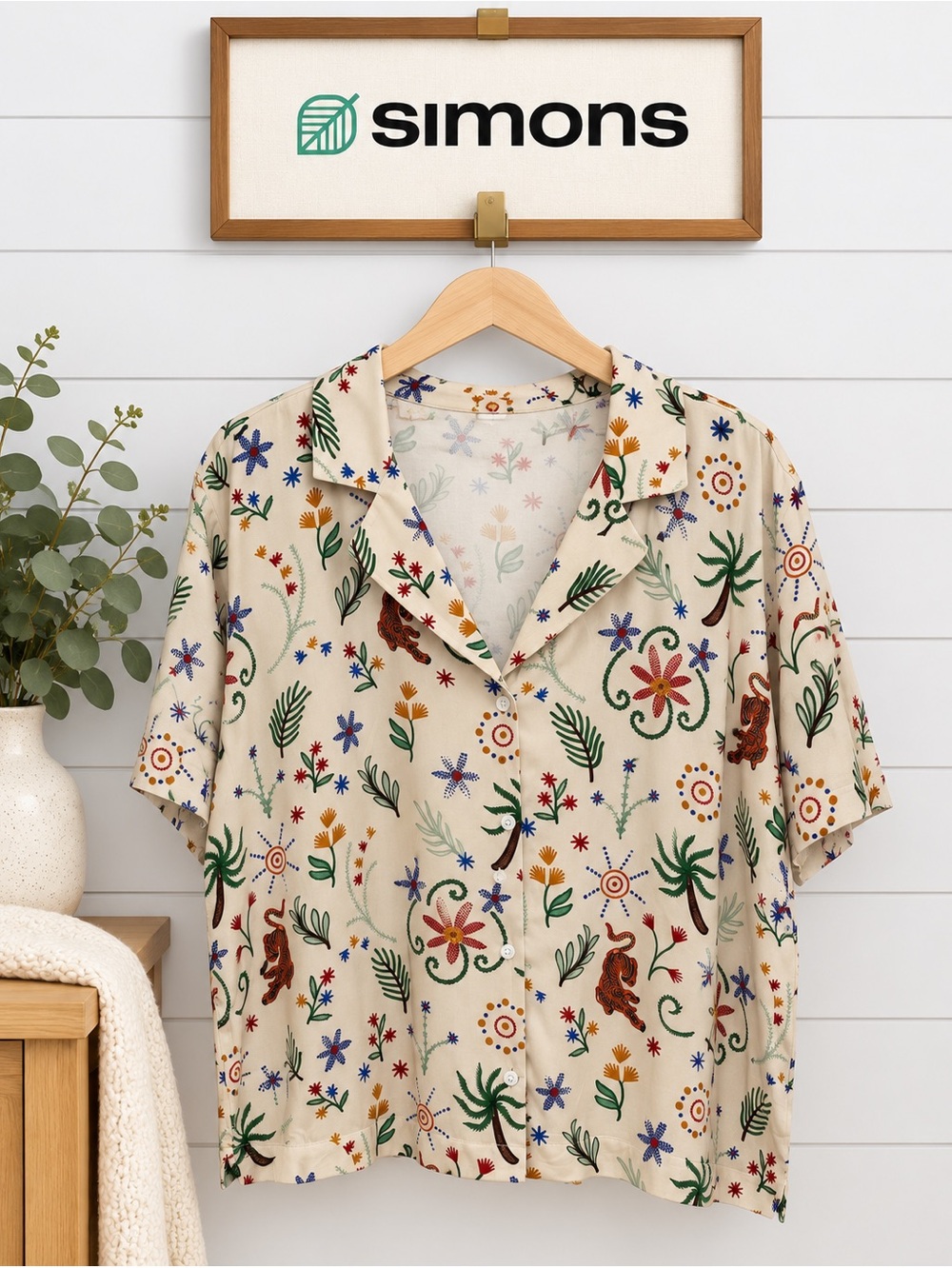 SIMONS | Tropical Print Button-Up Shirt | Size M